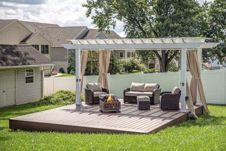 firepit, pergola and deck in backyard